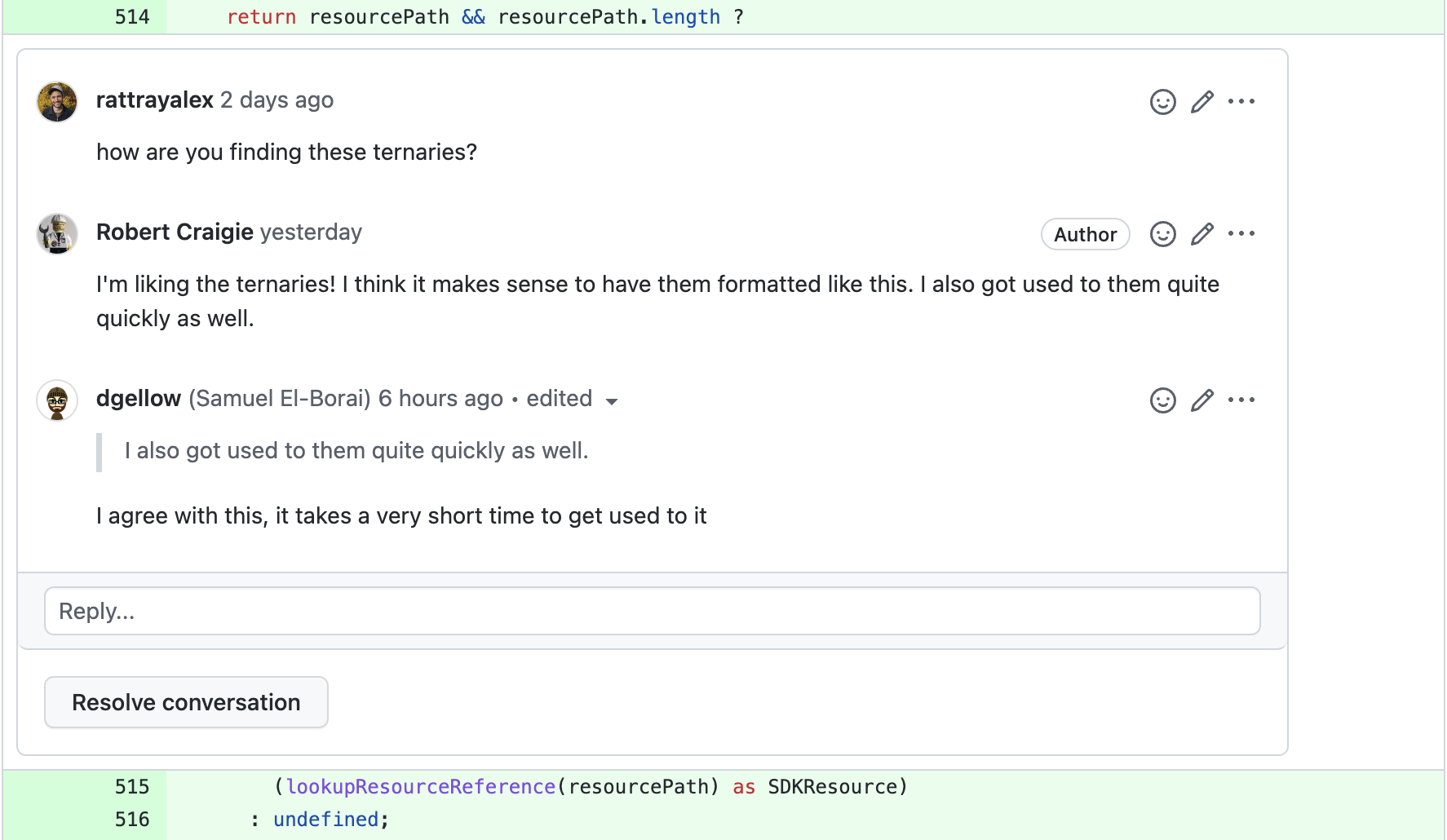 "I'm liking the ternaries! I think it makes sense to have them formatted like this. I also got used to them quite quickly as well. \nI agree with this, it takes a very short time to get used to it."
